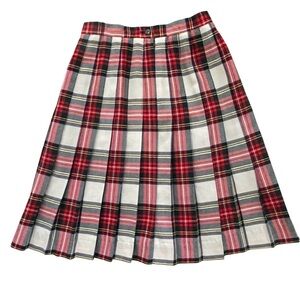 Lands' End Red White Green Plaid A-Line pleated Wool Midi Skirt lined Sz: 10